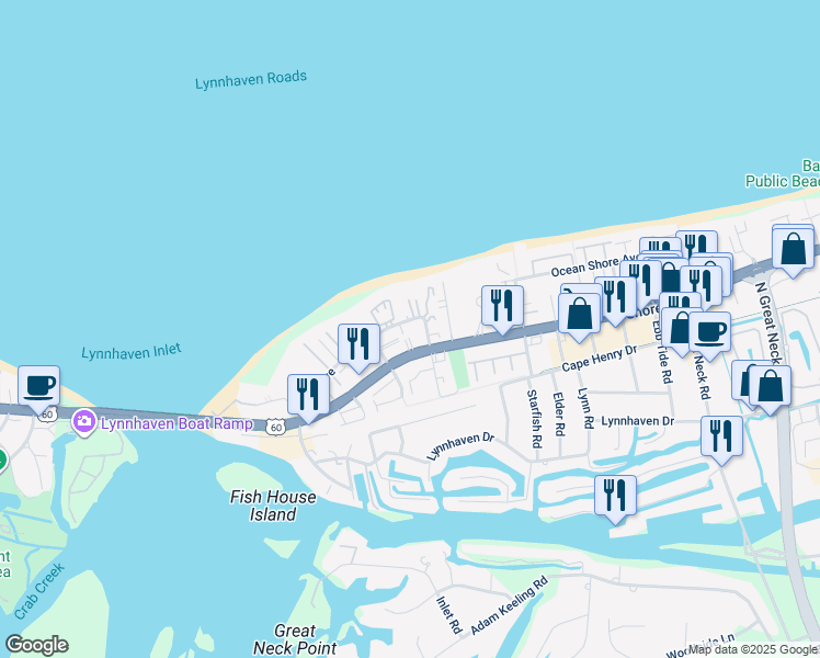 map of restaurants, bars, coffee shops, grocery stores, and more near in Virginia Beach