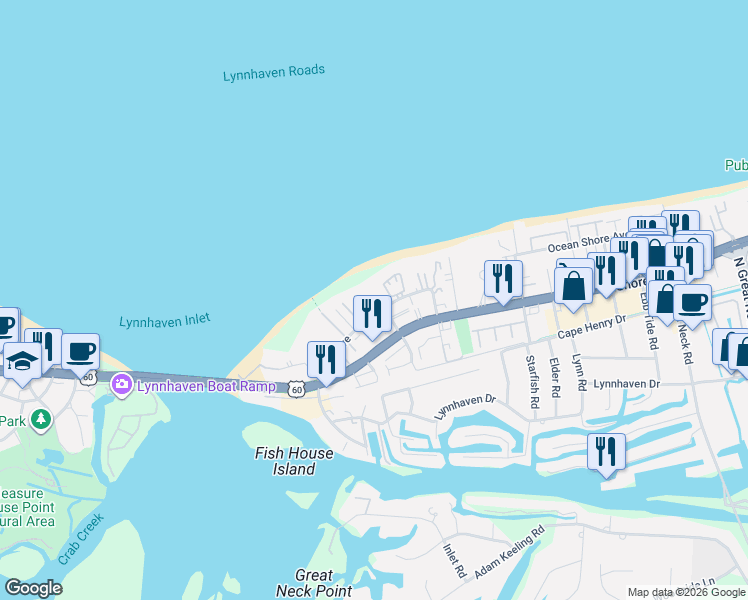 map of restaurants, bars, coffee shops, grocery stores, and more near 2394 Bays Edge Avenue in Virginia Beach