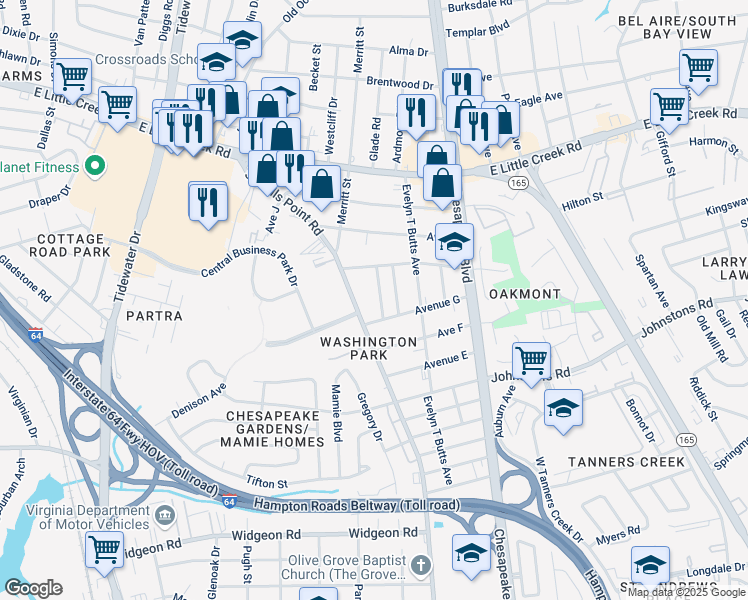 map of restaurants, bars, coffee shops, grocery stores, and more near 7421 Davidson Street in Norfolk