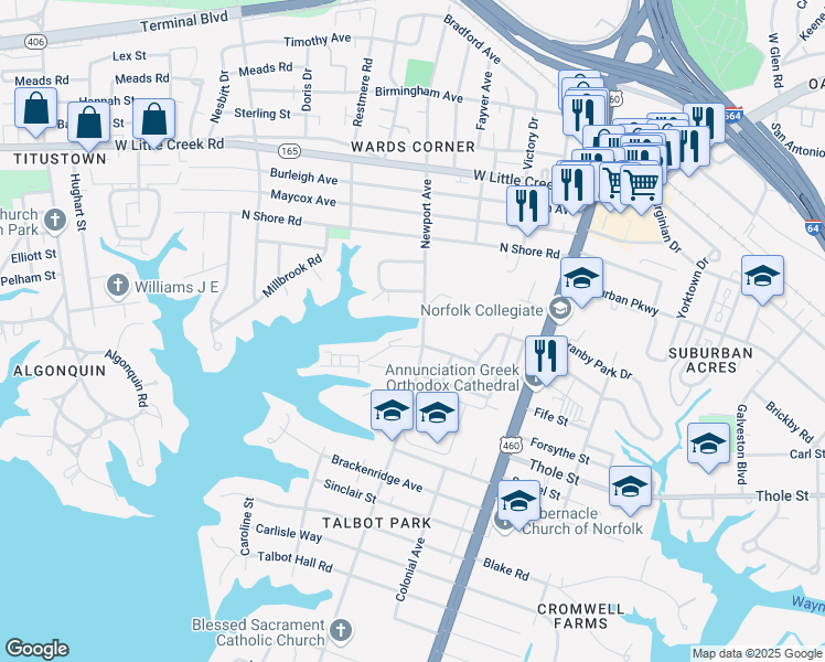 map of restaurants, bars, coffee shops, grocery stores, and more near 7231 Newport Avenue in Norfolk