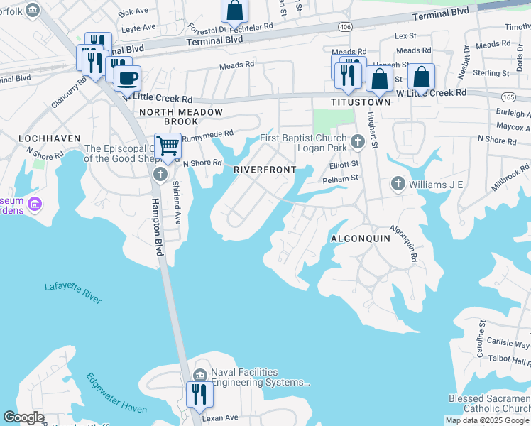 map of restaurants, bars, coffee shops, grocery stores, and more near 7320 Glenroie Avenue in Norfolk