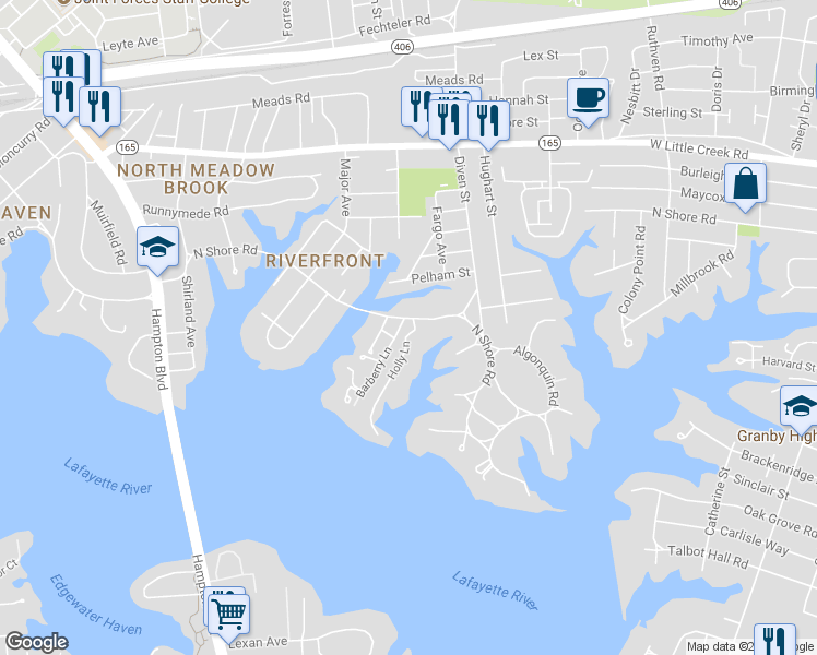 map of restaurants, bars, coffee shops, grocery stores, and more near 1201 North Shore Road in Norfolk