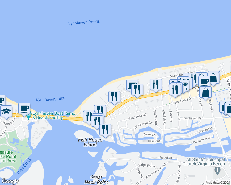 map of restaurants, bars, coffee shops, grocery stores, and more near 2348 Bays Edge Avenue in Virginia Beach