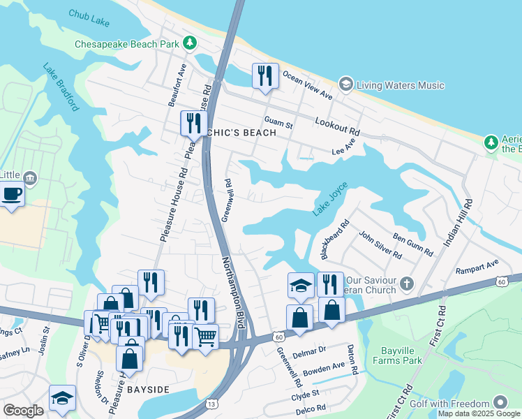 map of restaurants, bars, coffee shops, grocery stores, and more near 4517 Powells Point Road in Virginia Beach