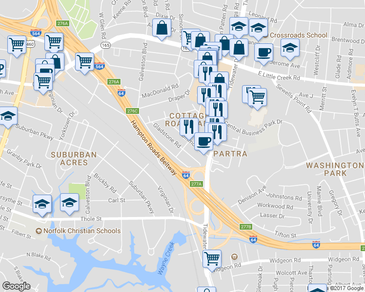 map of restaurants, bars, coffee shops, grocery stores, and more near 526 Gladstone Road in Norfolk