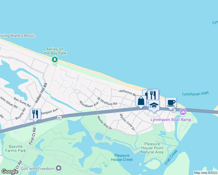 map of restaurants, bars, coffee shops, grocery stores, and more near 3803 Jefferson Boulevard in Virginia Beach