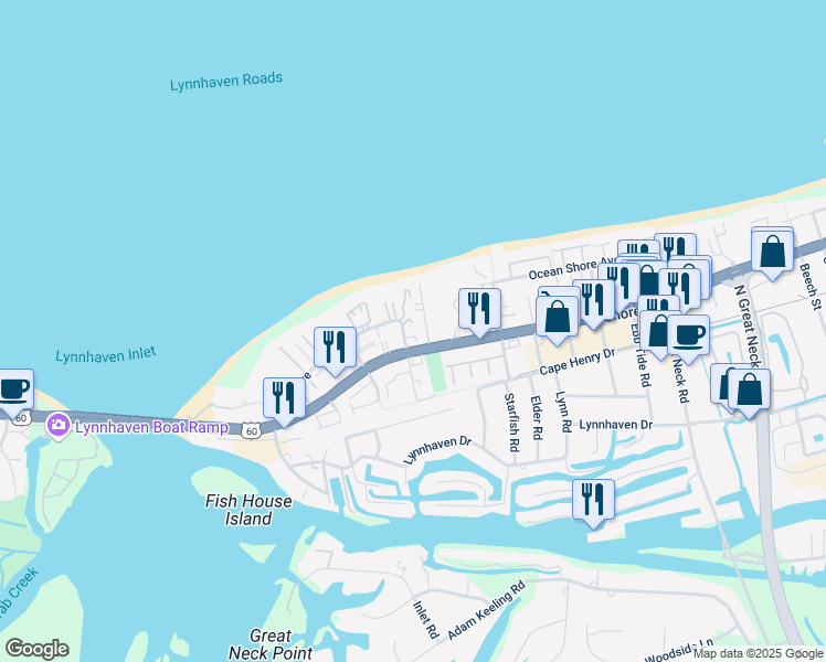 map of restaurants, bars, coffee shops, grocery stores, and more near 2308 Kleen Street in Virginia Beach