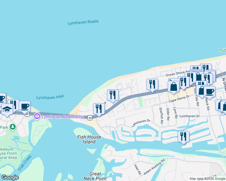 map of restaurants, bars, coffee shops, grocery stores, and more near 2394 Bays Edge Avenue in Virginia Beach