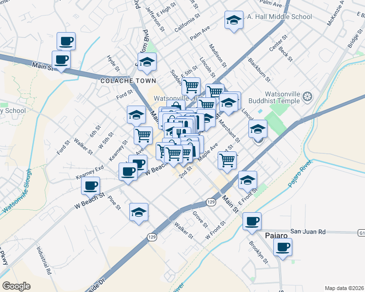 map of restaurants, bars, coffee shops, grocery stores, and more near 3-1 East Beach Street in Watsonville