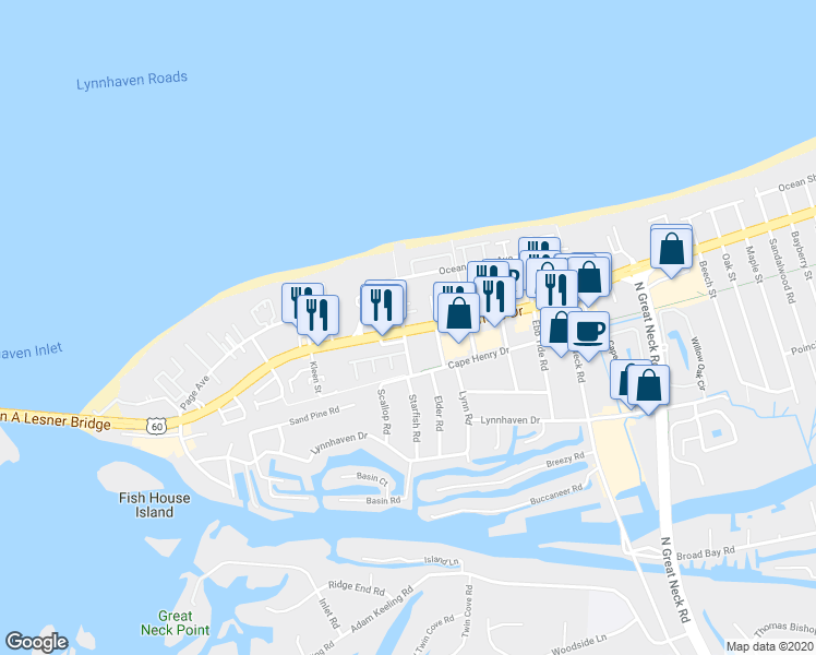 map of restaurants, bars, coffee shops, grocery stores, and more near 2312 Starfish Road in Virginia Beach