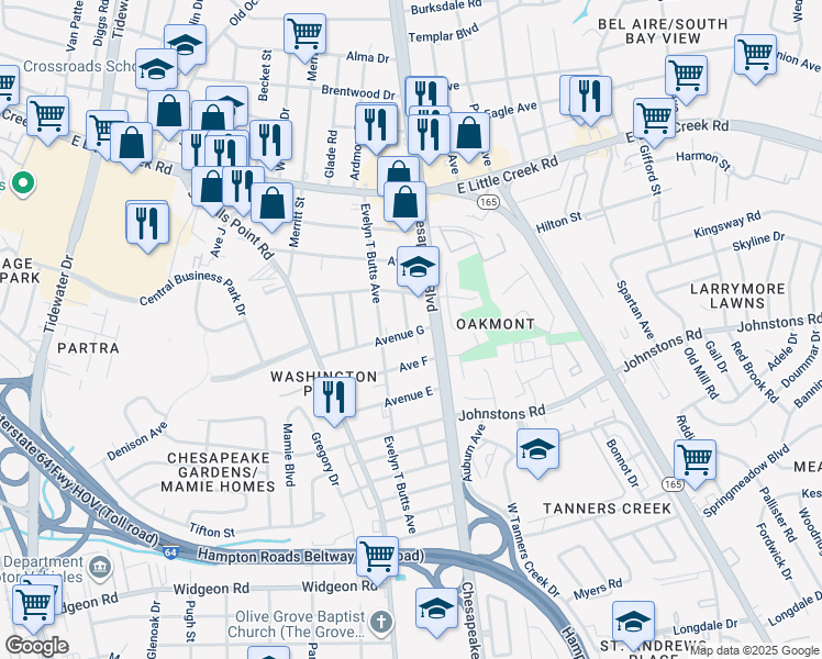 map of restaurants, bars, coffee shops, grocery stores, and more near 1028 Avenue G in Norfolk