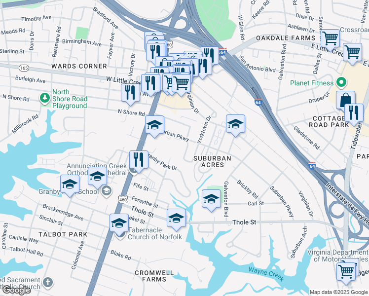 map of restaurants, bars, coffee shops, grocery stores, and more near 7317 Woodfin Ave in Norfolk