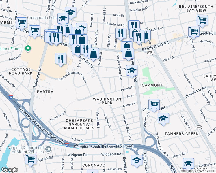 map of restaurants, bars, coffee shops, grocery stores, and more near 7421 Davidson Street in Norfolk