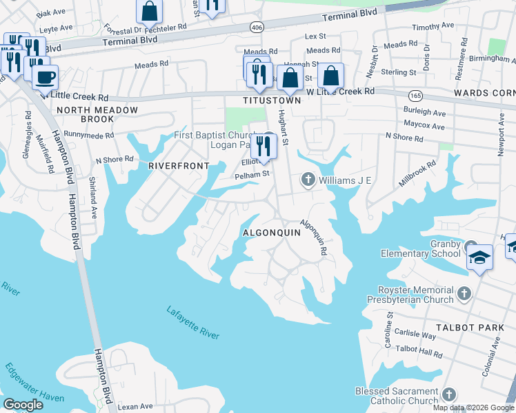map of restaurants, bars, coffee shops, grocery stores, and more near 1109 North Shore Road in Norfolk