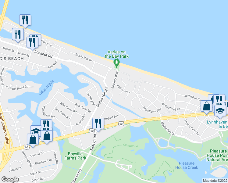 map of restaurants, bars, coffee shops, grocery stores, and more near 2306 Rookery Way in Virginia Beach