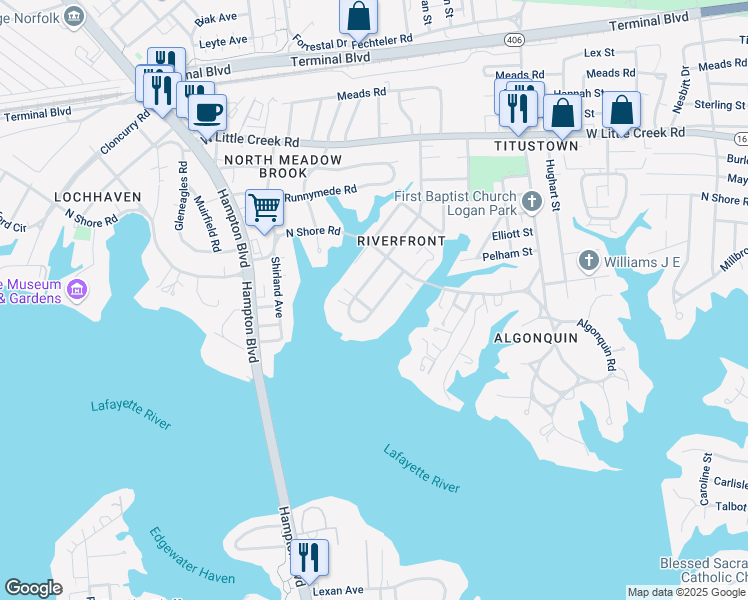 map of restaurants, bars, coffee shops, grocery stores, and more near 7307 Glenroie Ave in Norfolk