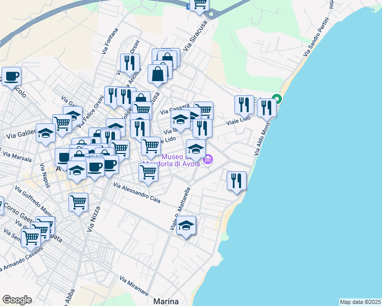 map of restaurants, bars, coffee shops, grocery stores, and more near 123 Via Filippo Turati in Avola