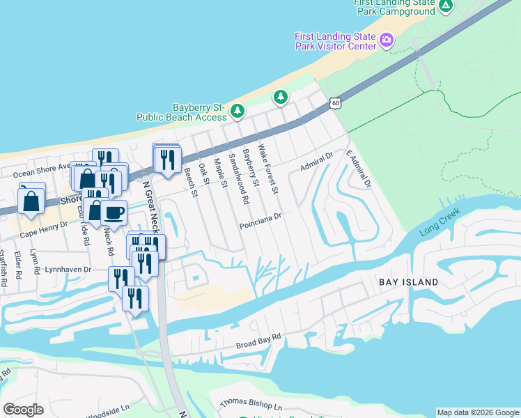 map of restaurants, bars, coffee shops, grocery stores, and more near 2208 Sandalwood Road in Virginia Beach