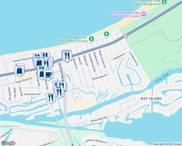 map of restaurants, bars, coffee shops, grocery stores, and more near 2227 Maple Street in Virginia Beach