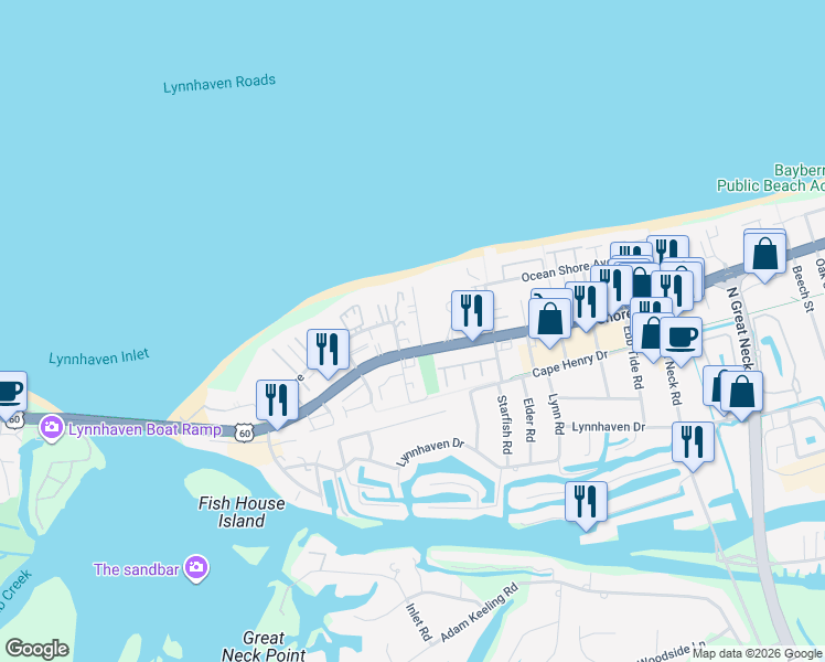 map of restaurants, bars, coffee shops, grocery stores, and more near in Virginia Beach