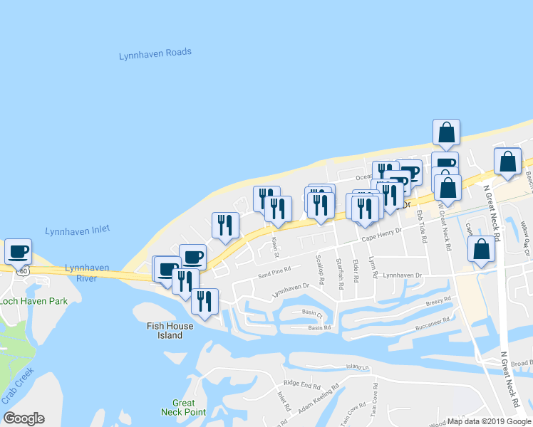 map of restaurants, bars, coffee shops, grocery stores, and more near in Virginia Beach