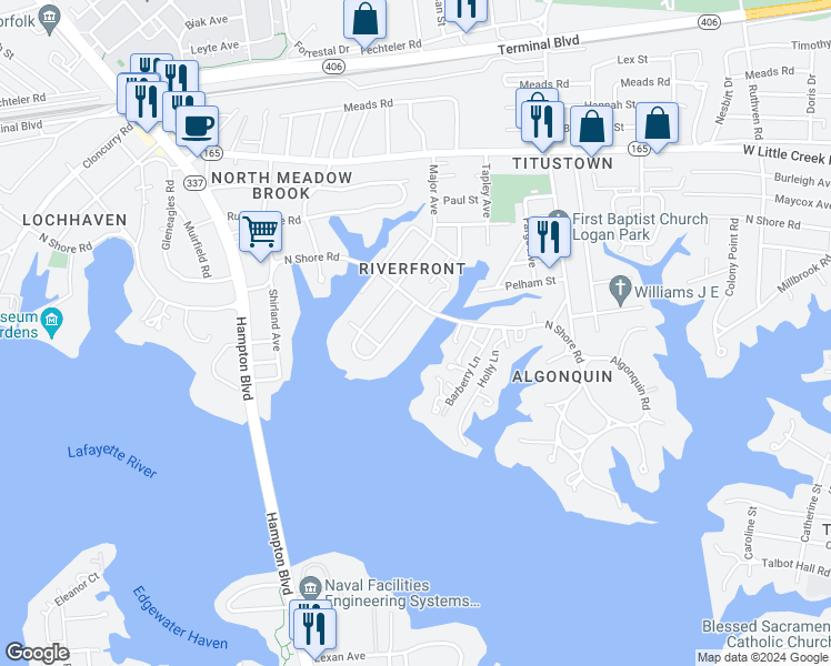 map of restaurants, bars, coffee shops, grocery stores, and more near 7320 Glenroie Avenue in Norfolk