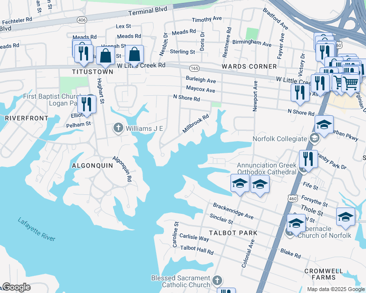 map of restaurants, bars, coffee shops, grocery stores, and more near 7330 Millbrook Road in Norfolk