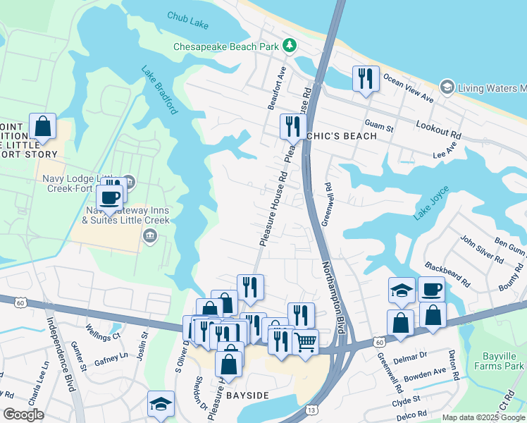 map of restaurants, bars, coffee shops, grocery stores, and more near 4811 Station House Lane in Virginia Beach