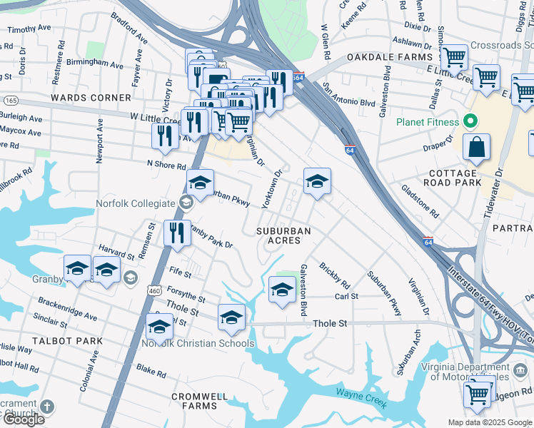map of restaurants, bars, coffee shops, grocery stores, and more near 221 Suburban Pkwy in Norfolk