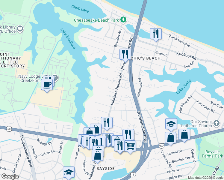 map of restaurants, bars, coffee shops, grocery stores, and more near 4811 Station House Lane in Virginia Beach