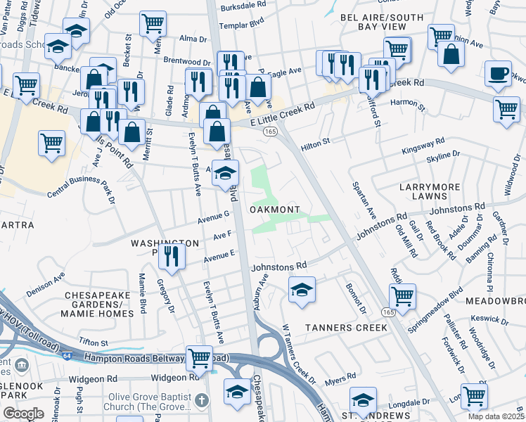 map of restaurants, bars, coffee shops, grocery stores, and more near 7246 Chesapeake Boulevard in Norfolk