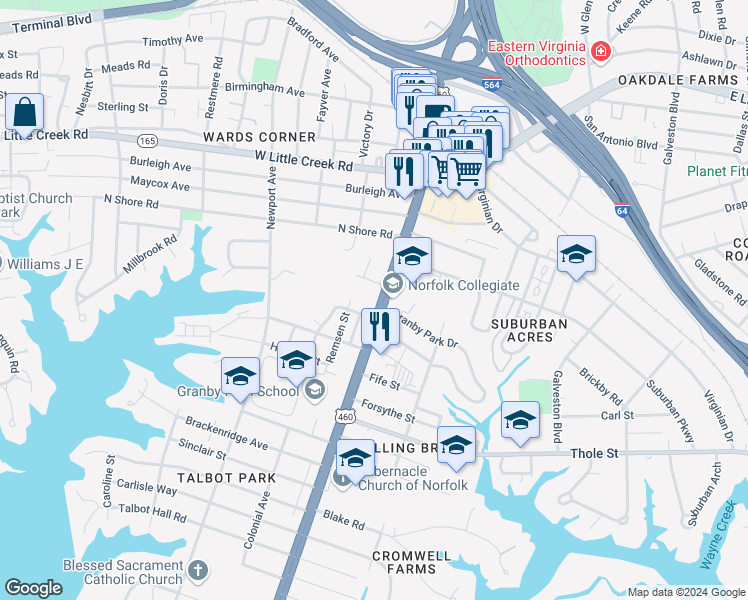 map of restaurants, bars, coffee shops, grocery stores, and more near 7309 Granby Street in Norfolk