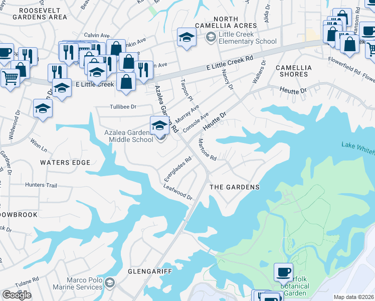 map of restaurants, bars, coffee shops, grocery stores, and more near 2443 Heutte Drive in Norfolk