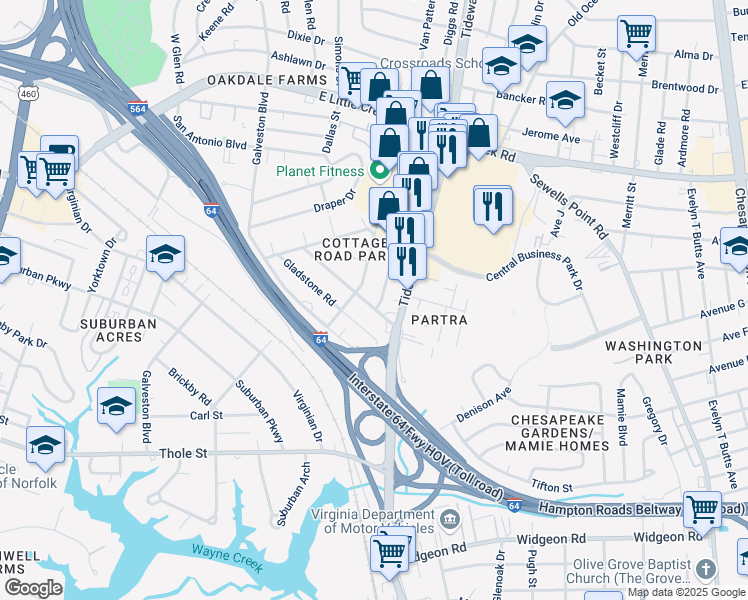 map of restaurants, bars, coffee shops, grocery stores, and more near 616 Biltmore Road in Norfolk