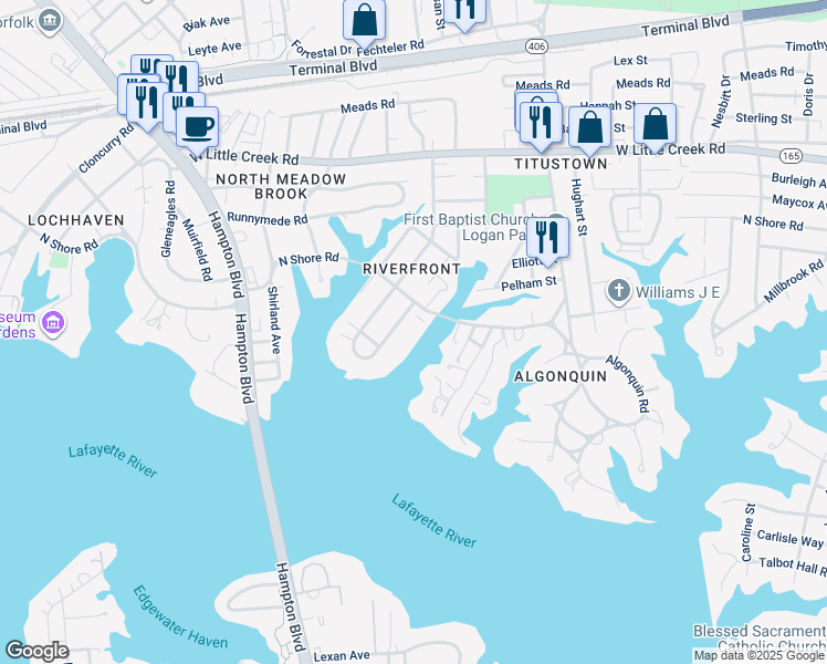 map of restaurants, bars, coffee shops, grocery stores, and more near 7320 Glenroie Avenue in Norfolk