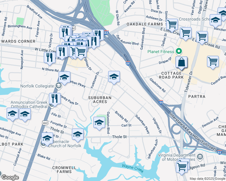 map of restaurants, bars, coffee shops, grocery stores, and more near 7410 Parkdale Dr in Norfolk