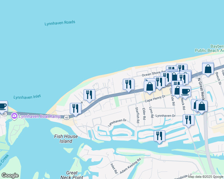 map of restaurants, bars, coffee shops, grocery stores, and more near in Virginia Beach
