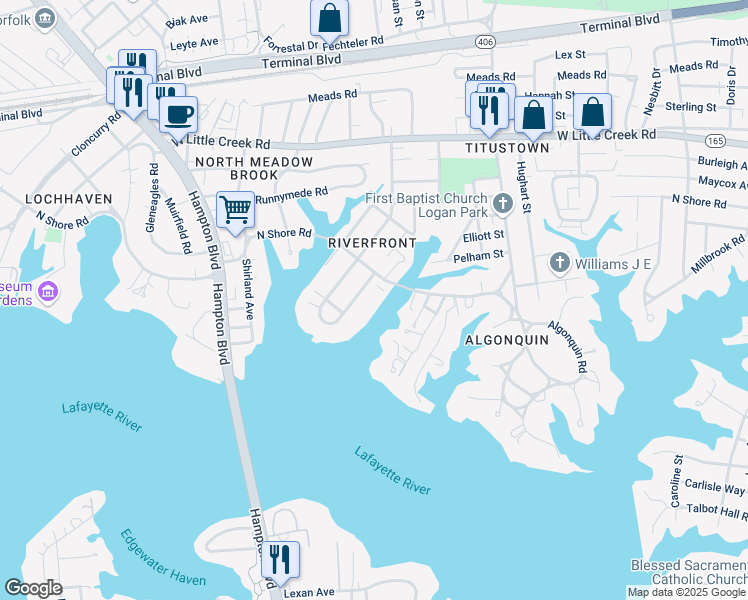 map of restaurants, bars, coffee shops, grocery stores, and more near 7320 Glenroie Avenue in Norfolk