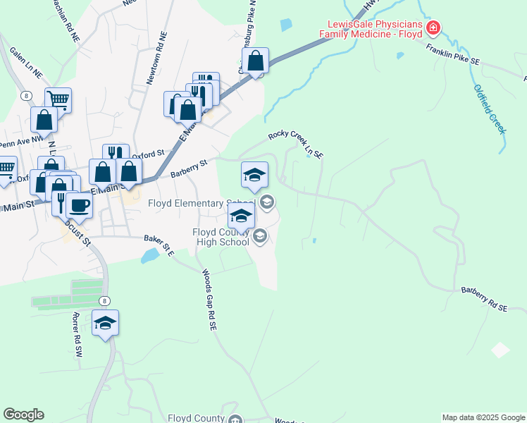 map of restaurants, bars, coffee shops, grocery stores, and more near 531 Oak Hill Drive Southwest in Floyd