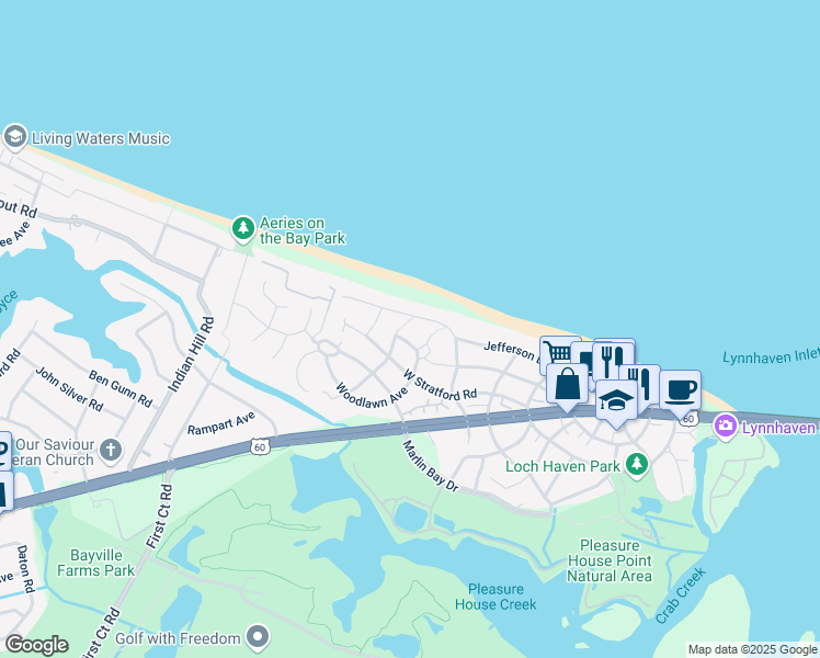map of restaurants, bars, coffee shops, grocery stores, and more near 3839 Jefferson Boulevard in Virginia Beach