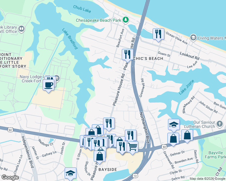 map of restaurants, bars, coffee shops, grocery stores, and more near 4817 Station House Lane in Virginia Beach
