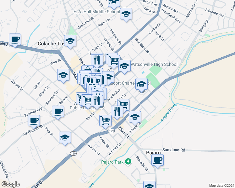 map of restaurants, bars, coffee shops, grocery stores, and more near 134 Maple Avenue in Watsonville