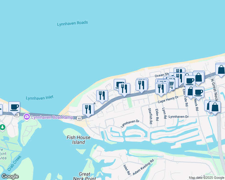 map of restaurants, bars, coffee shops, grocery stores, and more near 3236 Silver Sands Circle in Virginia Beach
