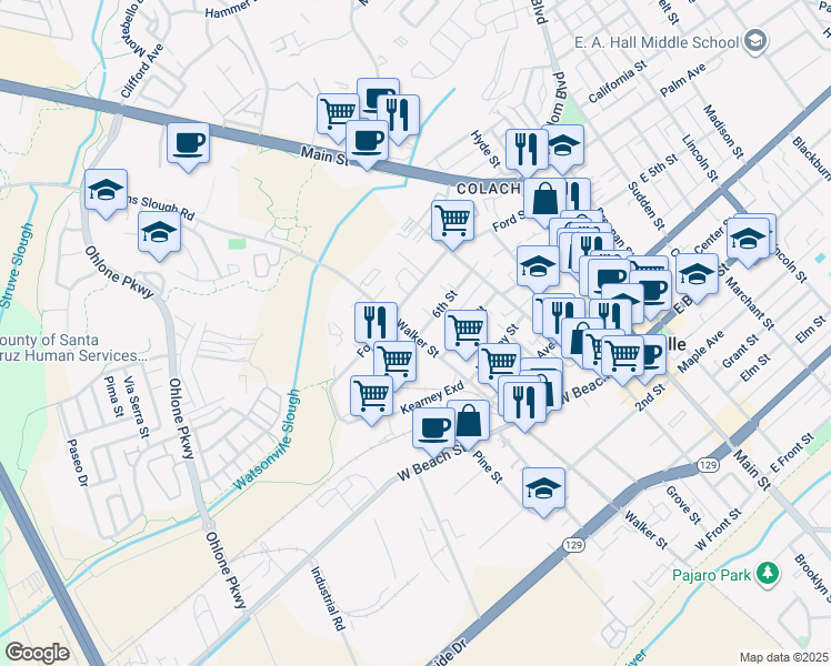 map of restaurants, bars, coffee shops, grocery stores, and more near 704 Walker Street in Watsonville