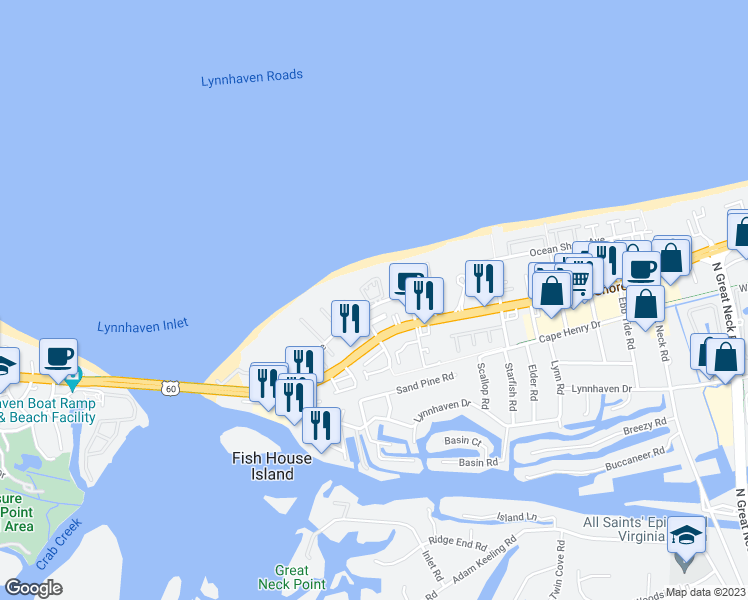 map of restaurants, bars, coffee shops, grocery stores, and more near 3181 Silver Sands Circle in Virginia Beach