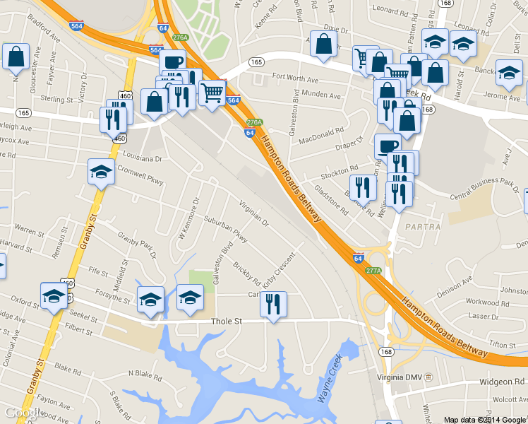 map of restaurants, bars, coffee shops, grocery stores, and more near 400 Virginian Drive in Norfolk