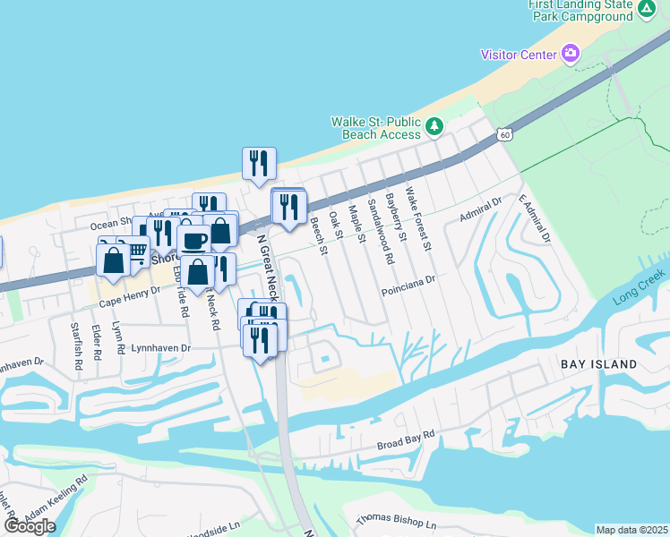 map of restaurants, bars, coffee shops, grocery stores, and more near 2222 Beech Street in Virginia Beach
