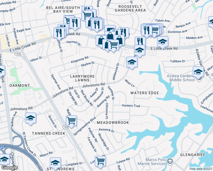 map of restaurants, bars, coffee shops, grocery stores, and more near 7053 Gardner Drive in Norfolk