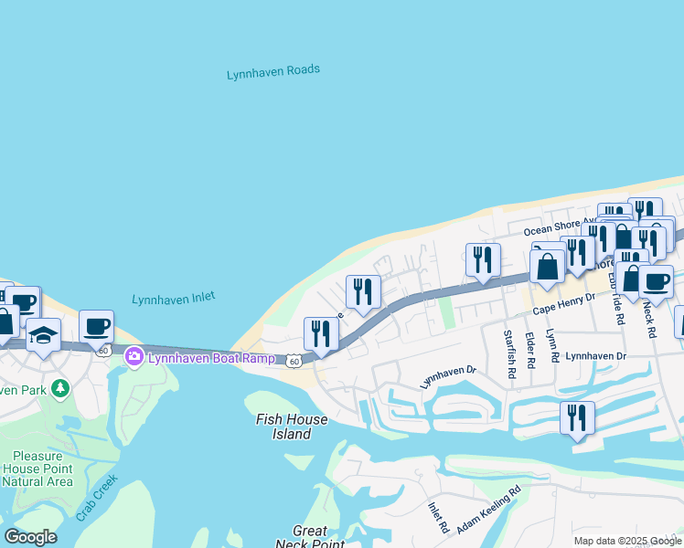 map of restaurants, bars, coffee shops, grocery stores, and more near 2394 Bays Edge Avenue in Virginia Beach