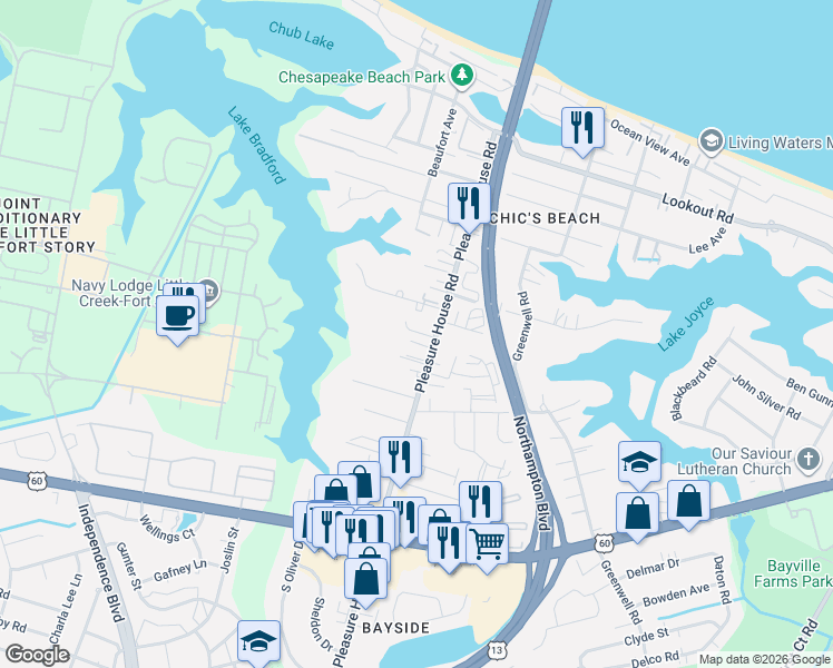 map of restaurants, bars, coffee shops, grocery stores, and more near 4817 Station House Lane in Virginia Beach